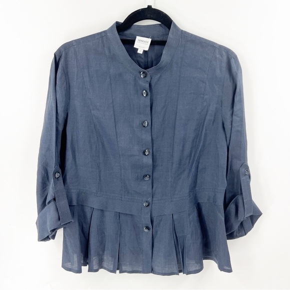 ✅ ARMANI COLLEZIONI Size 10 Navy Viscose Casual Top PLEATED PEPLUM EUC - Picture 1 of 9